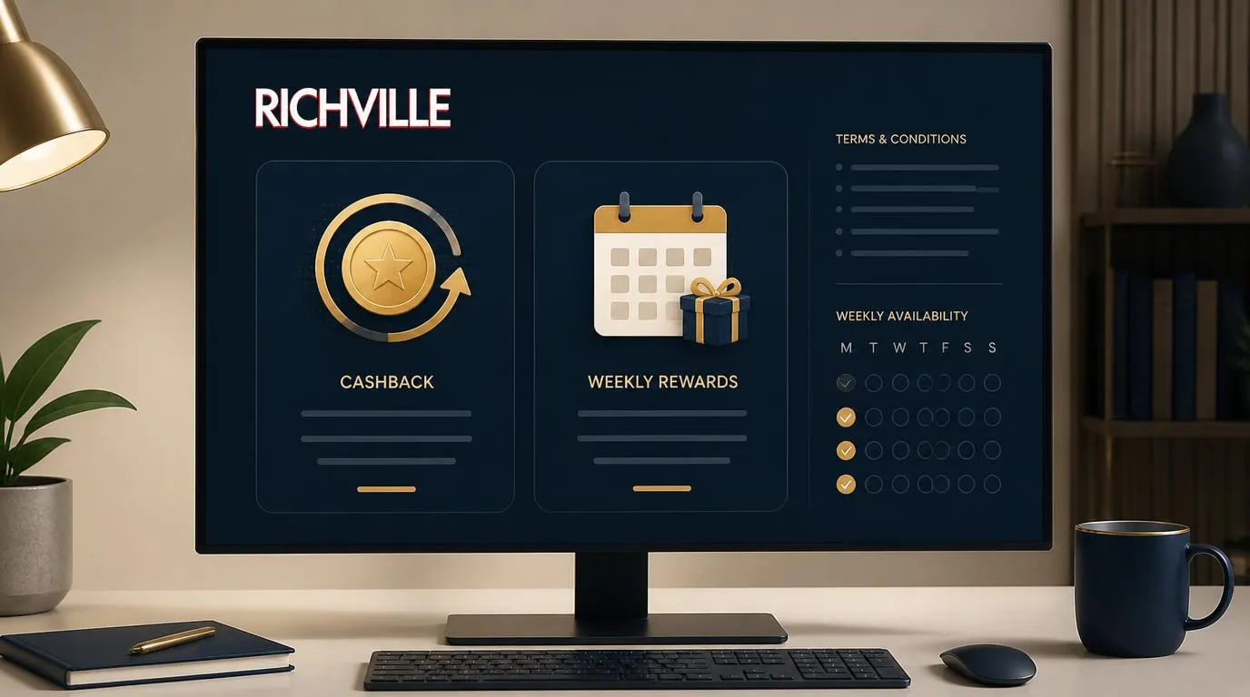 Panel promocji kasynowych z kartami cashbacku, cotygodniowych nagród i kalendarzem ofert