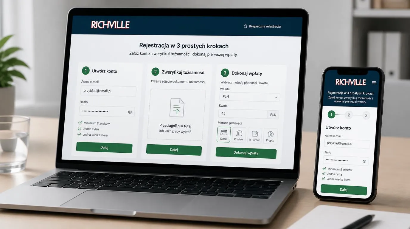 Panel rejestracji, przesyłania dokumentów i pierwszej wpłaty w PLN na ekranie laptopa